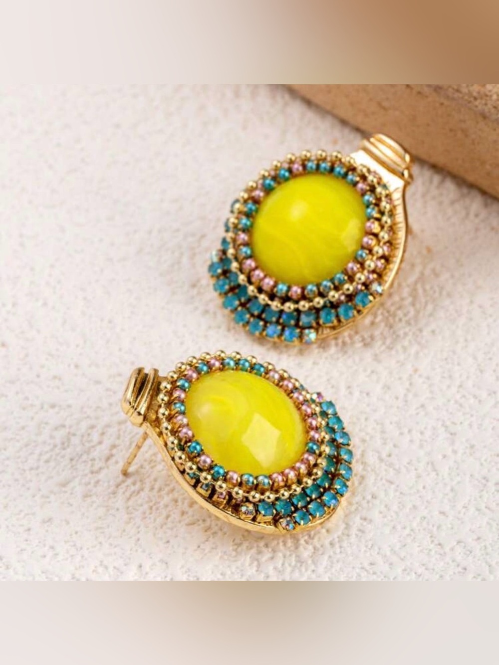 Vintage Gold-Tone Earrings with Yellow Center and Blue-Pink Accents